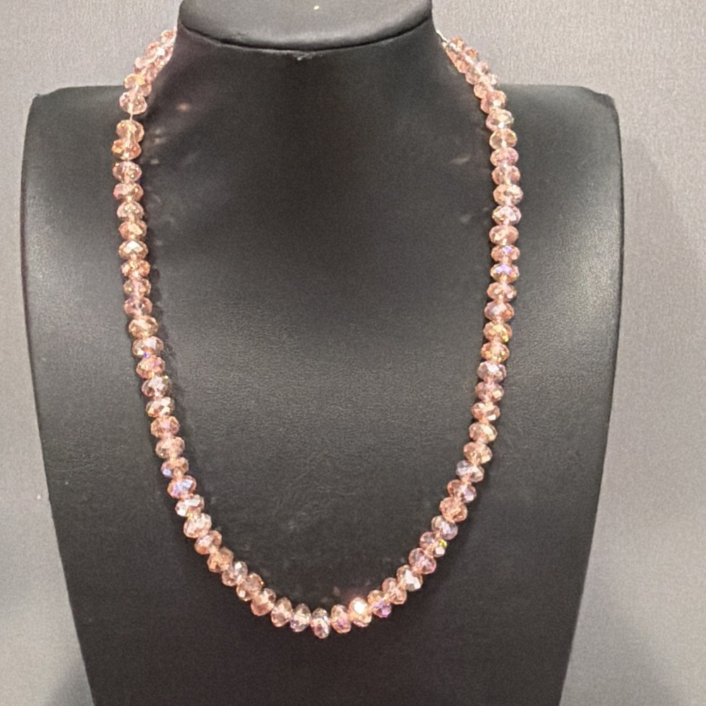 Pink Faceted Glass Bead Necklace Aurora Borealis AB Finish 18" Lobster Clasp